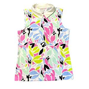 Tommy Bahama Golf‎ M Sleeveless Zip Front Collar Polo Leaf Print Top UPF 50+